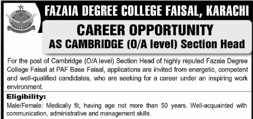 Latest jobs in Fazaia Degree College Karachi 2025